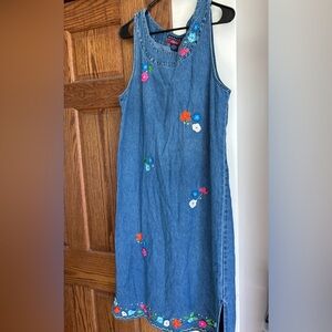 Agapo Vintage Denim Jumper Dress Womens Petite Large Embroidered Flowers